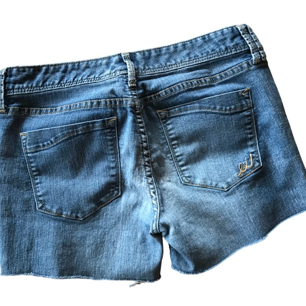 Upcycled Ripped Jean Short Cutoffs, Patchwork Distressed Junior Size 8 - Picture 10 of 11